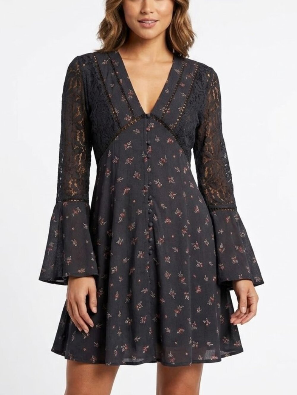 En Creme Whimsigoth Black Floral Lace Bell Sleeve Mini Dress Goth Cottagecore M